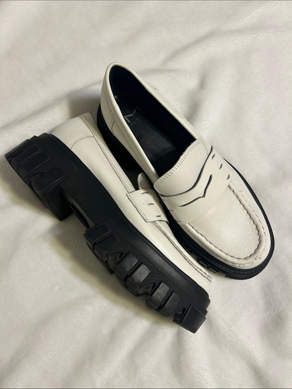 White Leather Platform Penny Loafers